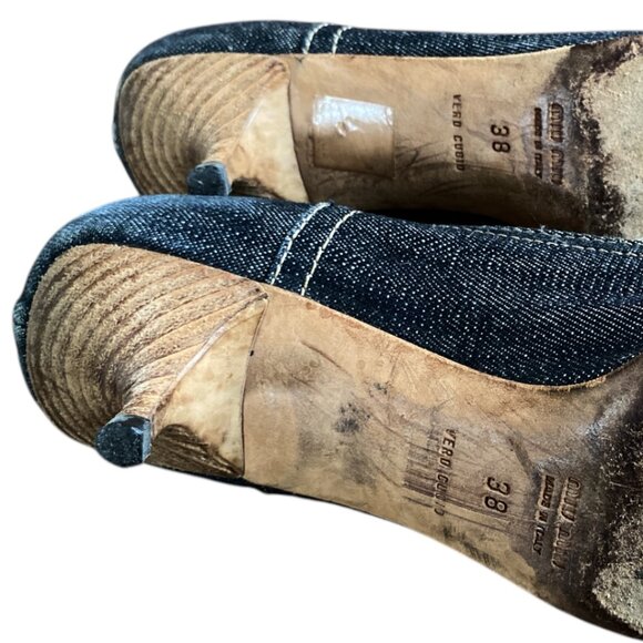 Vintage Y2K MIU MIU Kitten Heel Denim Leather Shoes Size EU 38 - 7 US - Y2k Heel - Picture 11 of 14